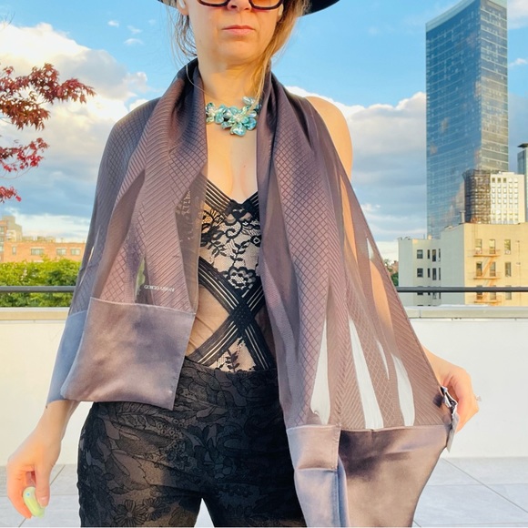 GIORGIO ARMANI Gun Black Gray Satin Silk Italy Light Charcoal Rectangular Scarf - Picture 3 of 16